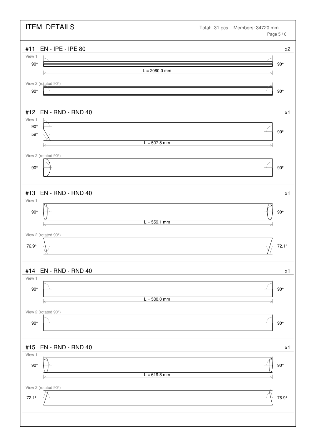 PDF item details for straight and round members with compound end angles