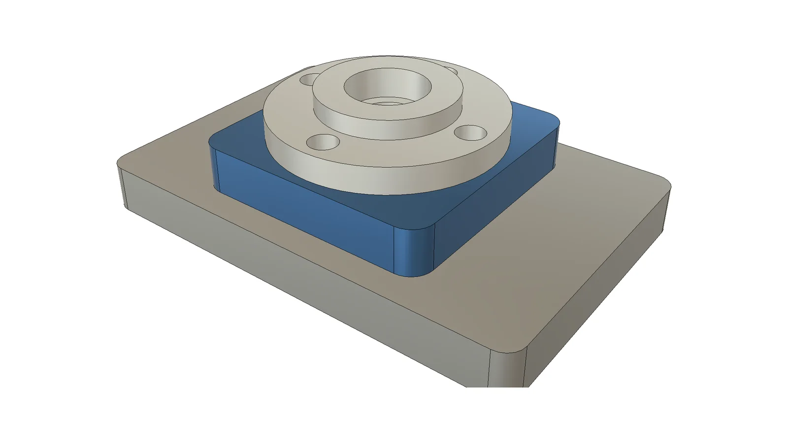 A bearing cover with counterbored holes on a spacer block and a base plate in Autodesk Fusion, three linked part files drilled from the assembly by Assembly Hole Series