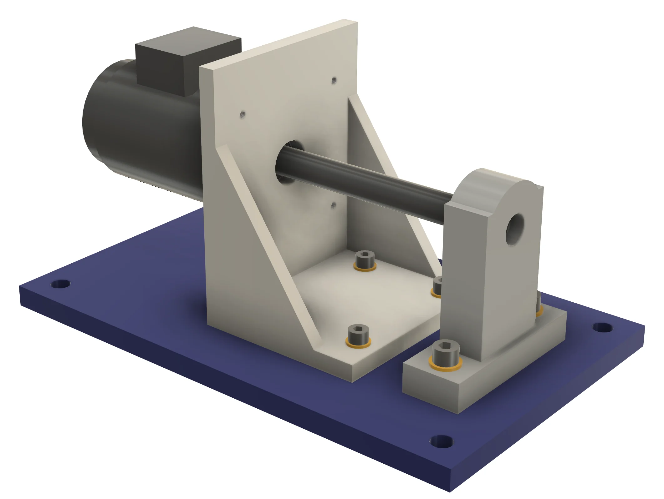 Motor drive mount in Autodesk Fusion whose linked part files were drilled and bolted from the assembly by Hole Series & Fasteners
