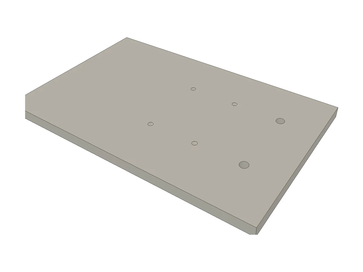 Base Plate part file opened on its own after the three joints. 4 × M8 tapped holes for the bracket and 2 × Ø11 clearance holes for the bearing block, from two different joints.