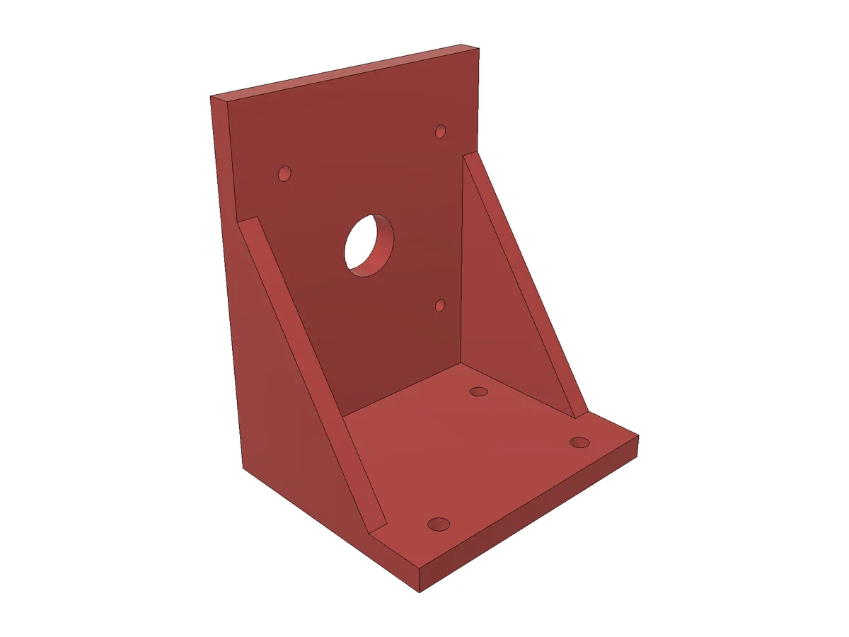 Motor Bracket part file opened on its own after the three joints. 4 × Ø9 clearance holes in the foot, and 4 × Ø6.6 clearance holes in the upright in line with the four M6 threads of the motor.