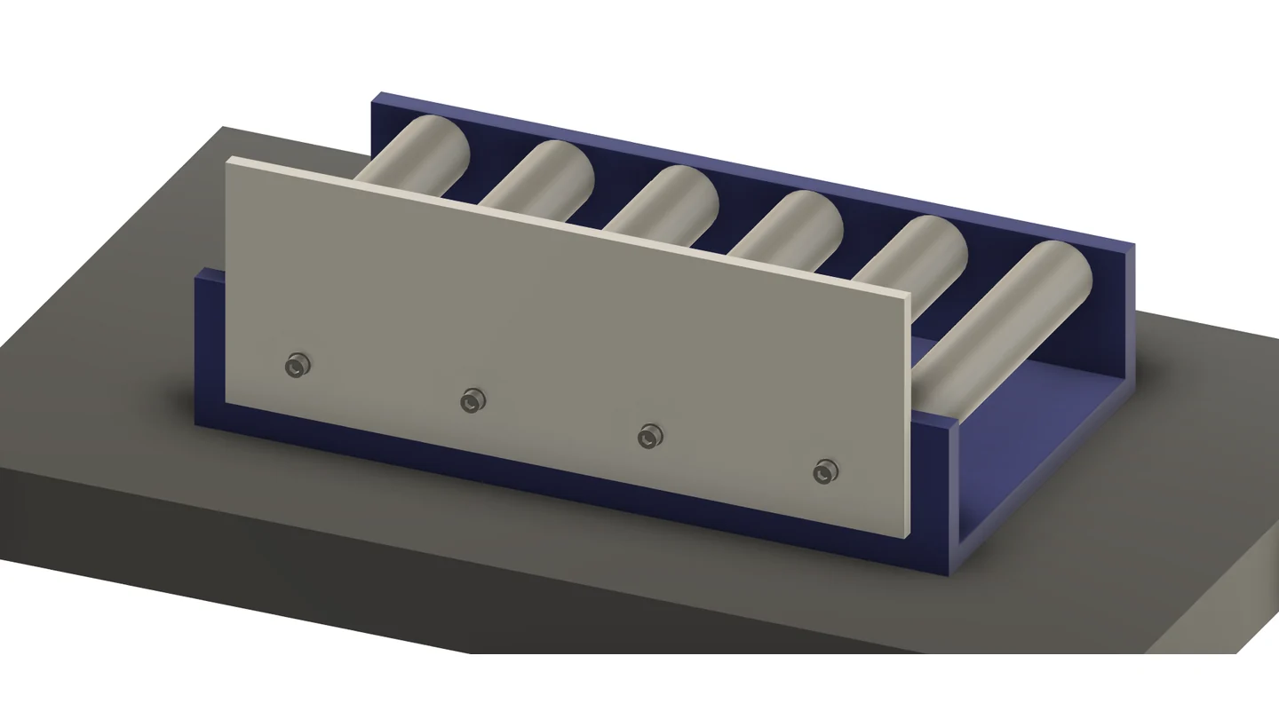 Infeed module with rollers on a machine base: the side plate, a linked part inside the linked subassembly, screwed to the blue frame with four M6 screws