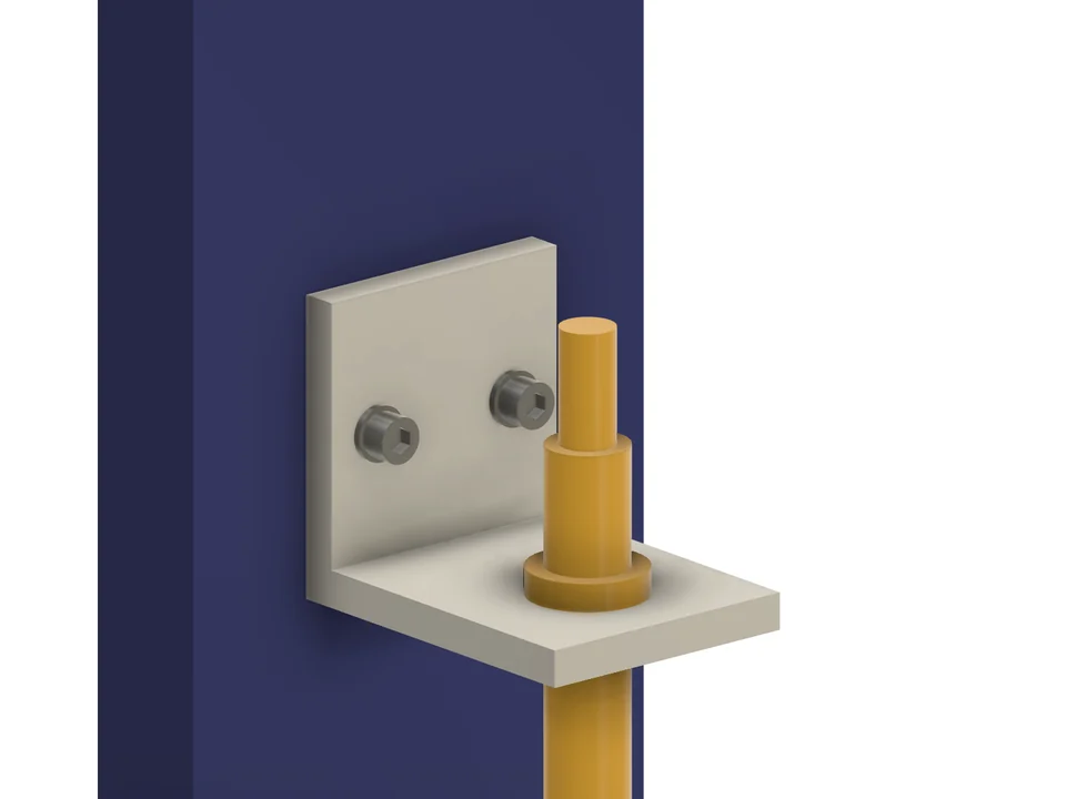 Sensor bracket with a yellow proximity sensor bolted to a blue machine upright with two M6 screws