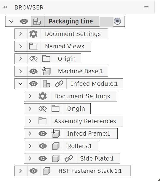 Fusion browser of the Packaging Line assembly: Machine Base, the linked Infeed Module expanded with Infeed Frame, Rollers and the linked Side Plate inside it, and an HSF Fastener Stack component