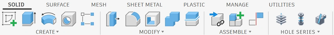 Fusion Solid tab ribbon with the Hole Series panel between Assemble and Configure