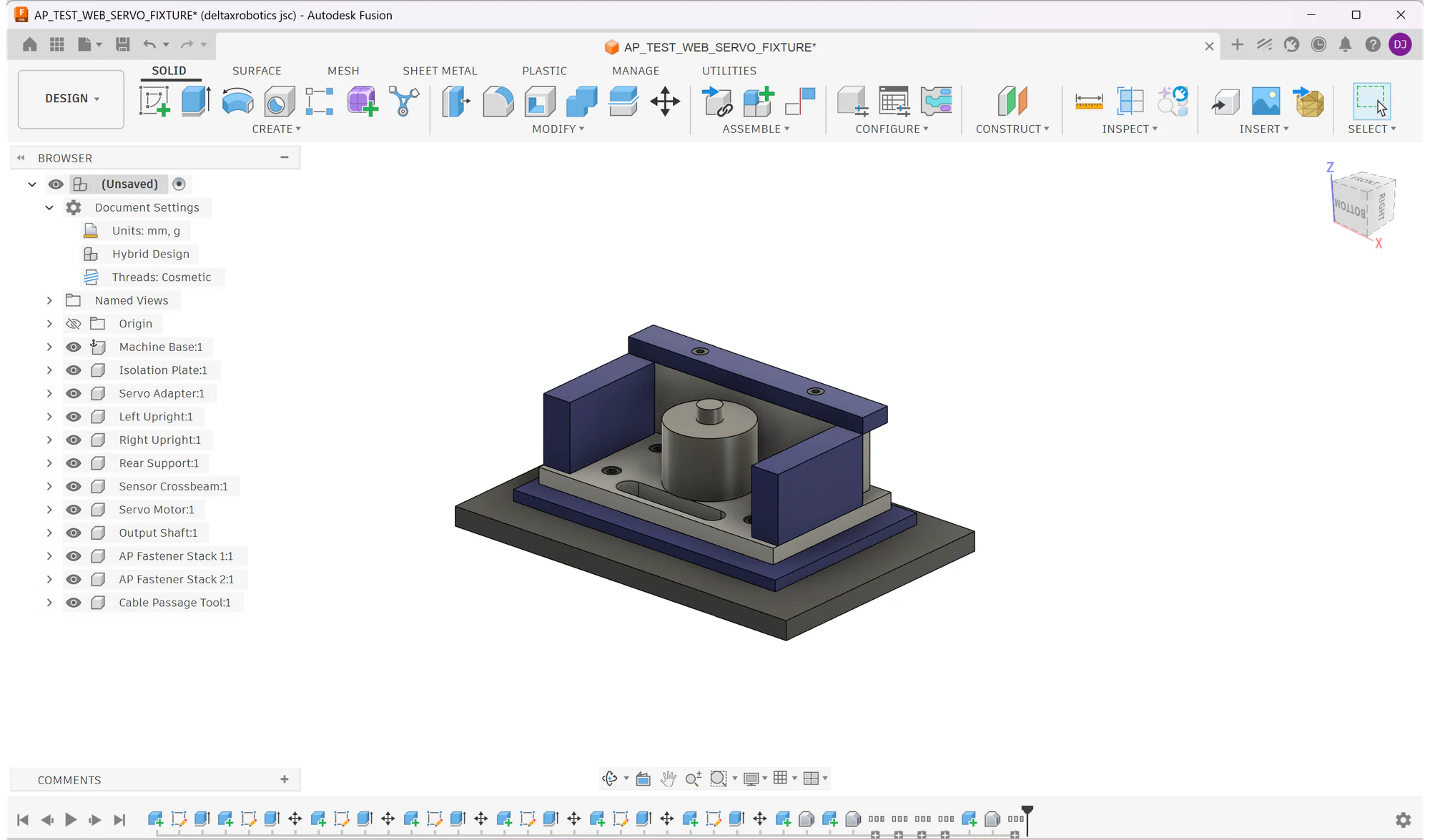 Assembly Pilot servo fixture inside Autodesk Fusion with its components, generated hardware and feature timeline visible