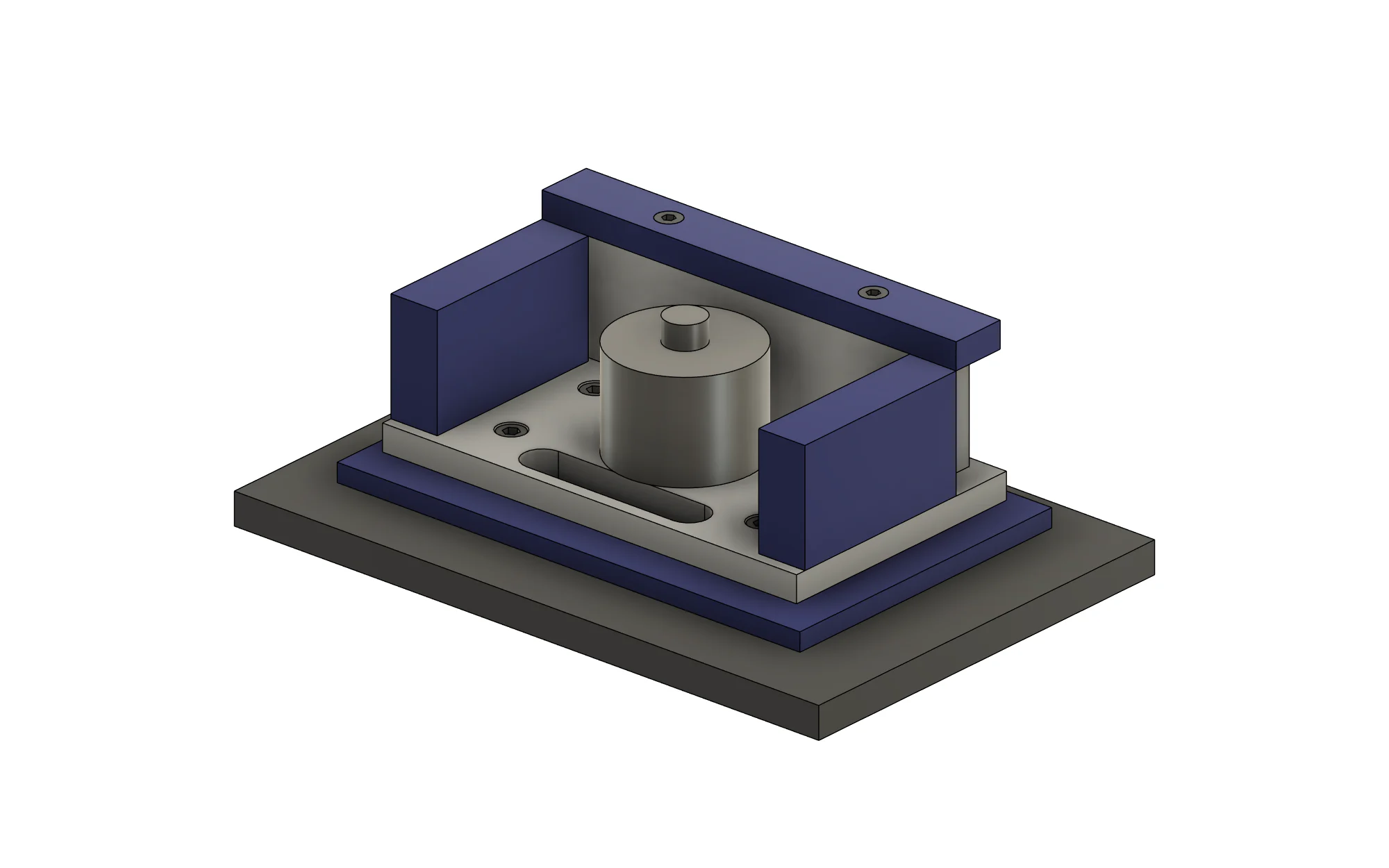 Servo indexing fixture built in Fusion with stacked plates, coordinated holes, linked fasteners and a shared cable passage