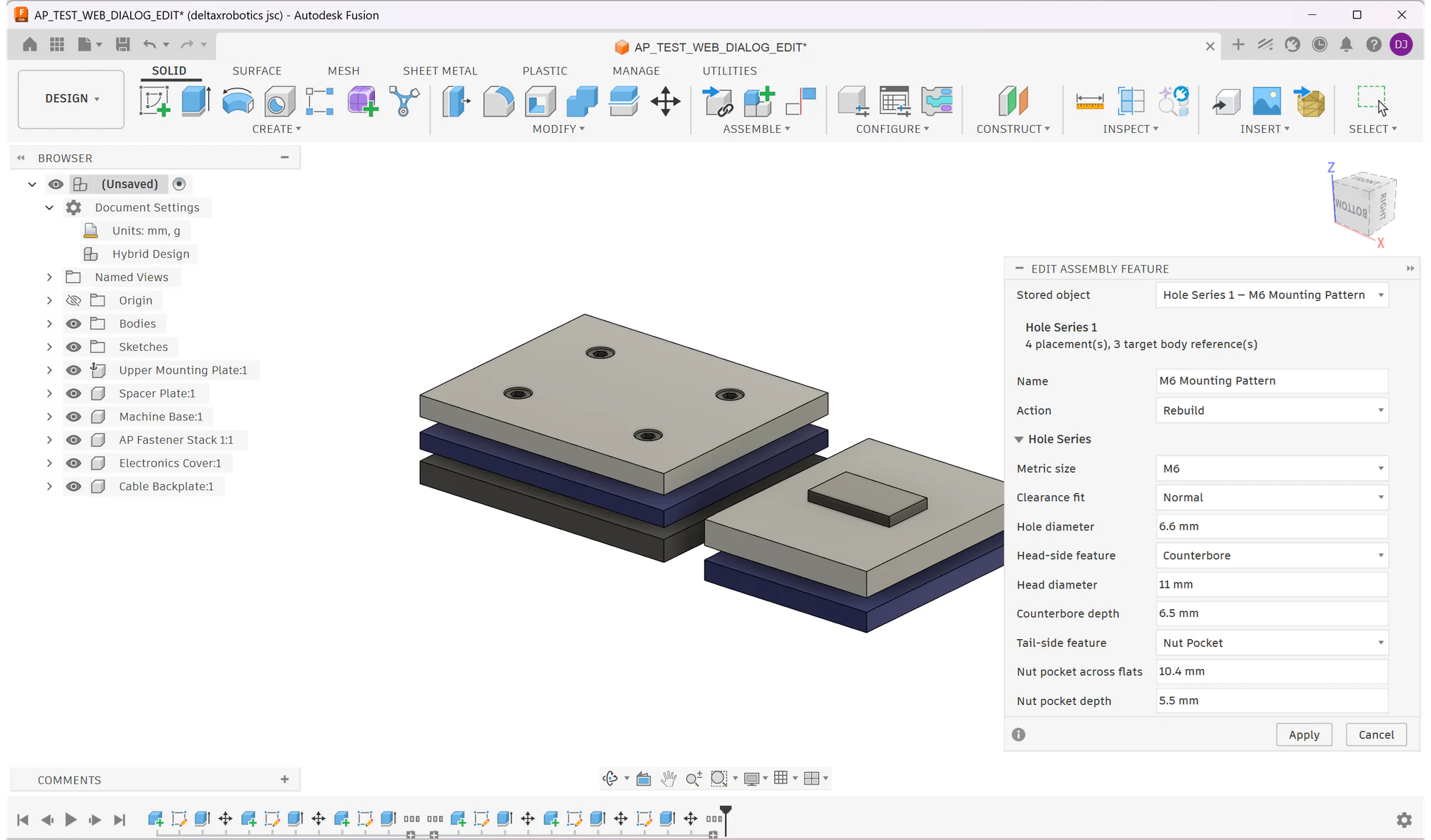 Edit Assembly Feature dialog in Fusion reopening a saved M6 Hole Series with its original placements, targets and treatments
