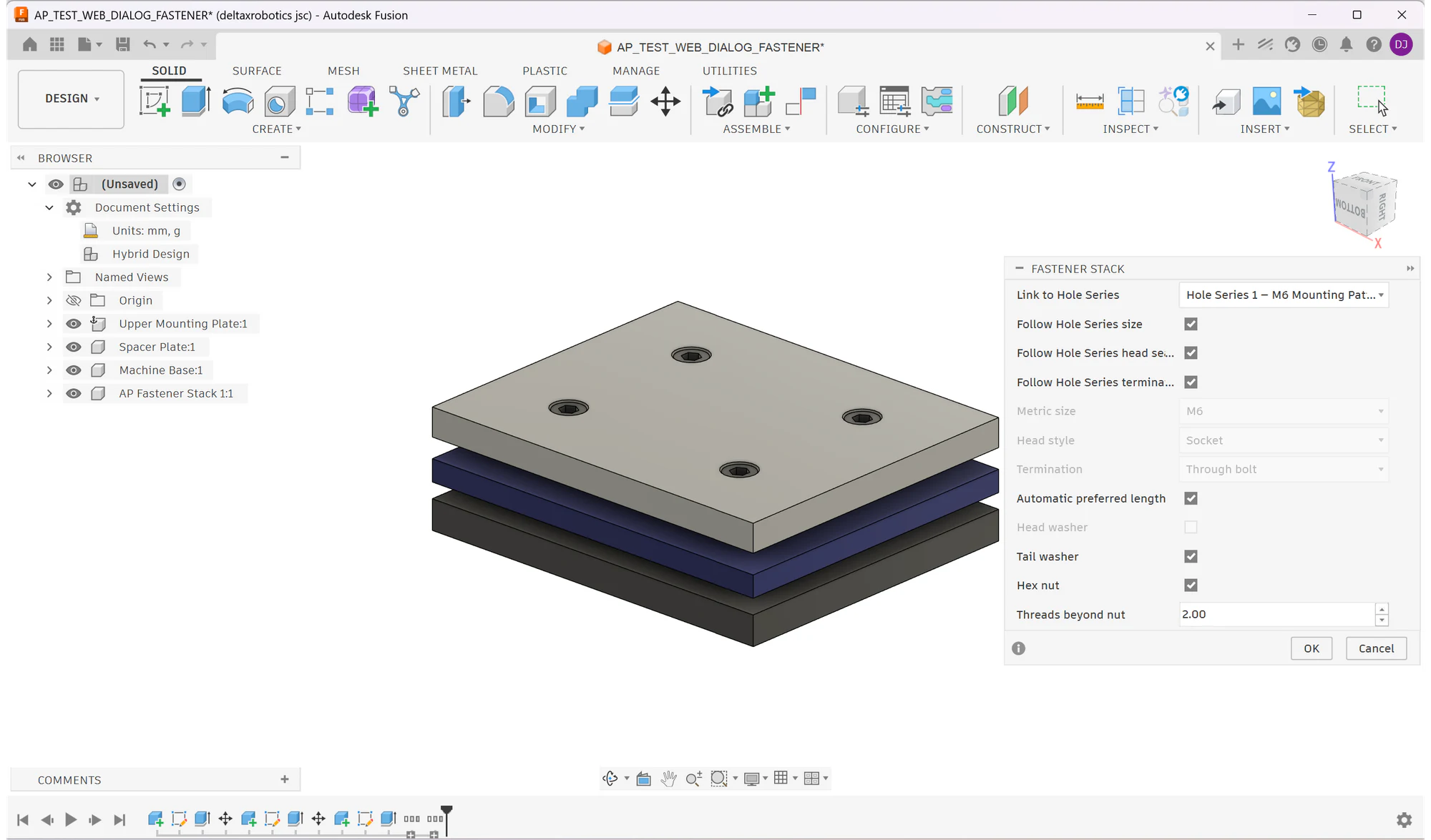 Fastener Stack dialog in Fusion linked to a saved Hole Series with metric hardware and automatic length controls