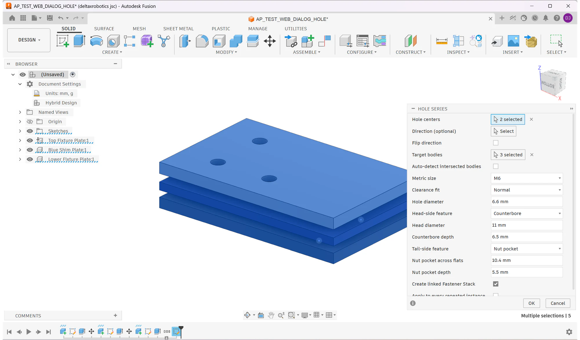 Hole Series dialog in Fusion with positions, direction, target components, metric size, fit, head treatment and tail treatment controls