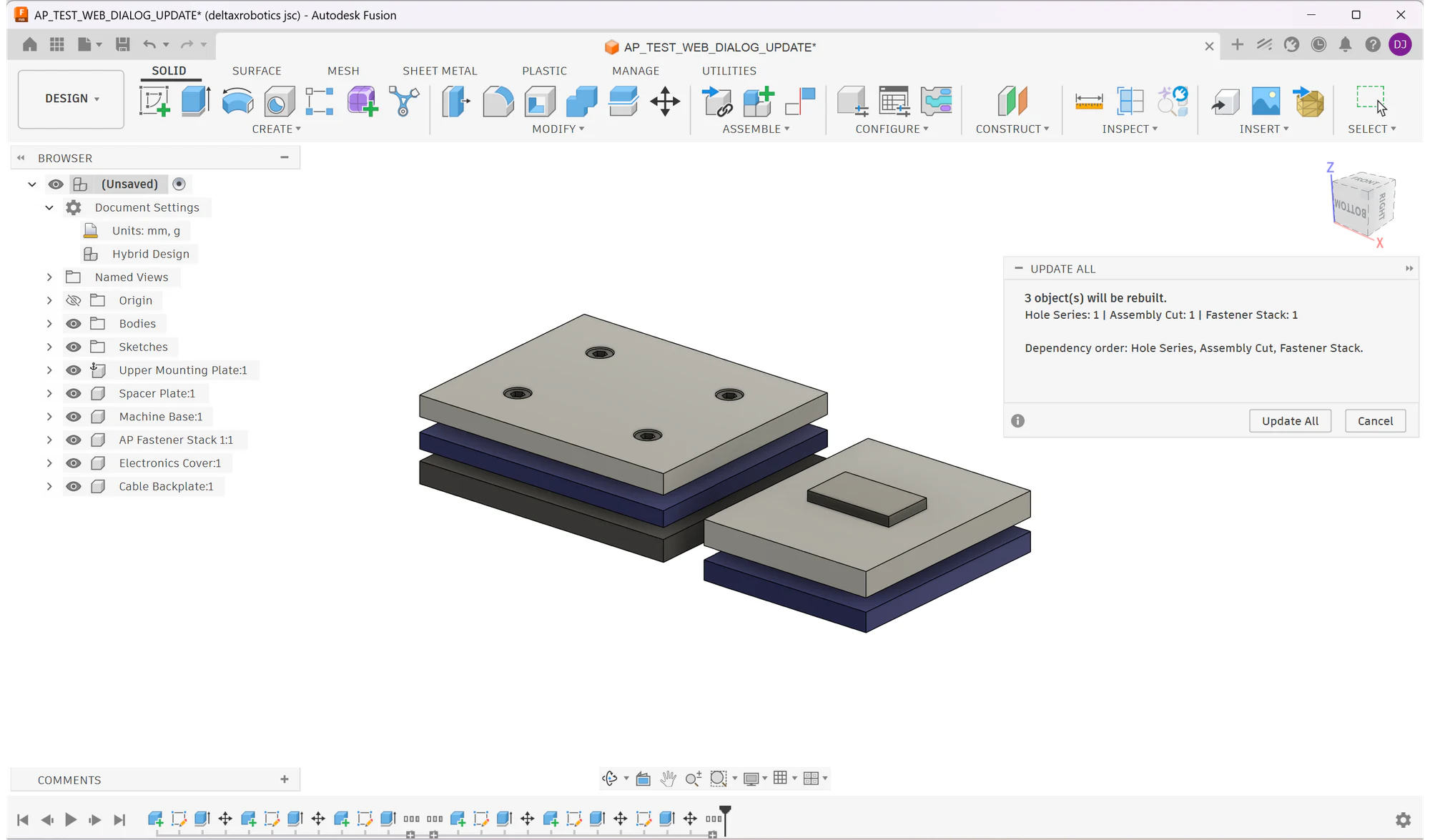 Update All dialog in Fusion listing managed Assembly Pilot operations and their rebuild order