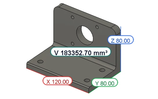 Caliper in Fusion: the volume 183352.70 mm³ of a motor bracket body with its size X 120.00, Y 80.00 and Z 80.00