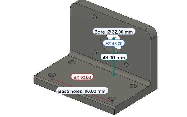 A motor bracket in Autodesk Fusion measured with Caliper: the bore centre 48.00 mm above the base with its Z part in blue, and the saved Bore Ø 32.00 mm and Base holes 90.00 mm in grey