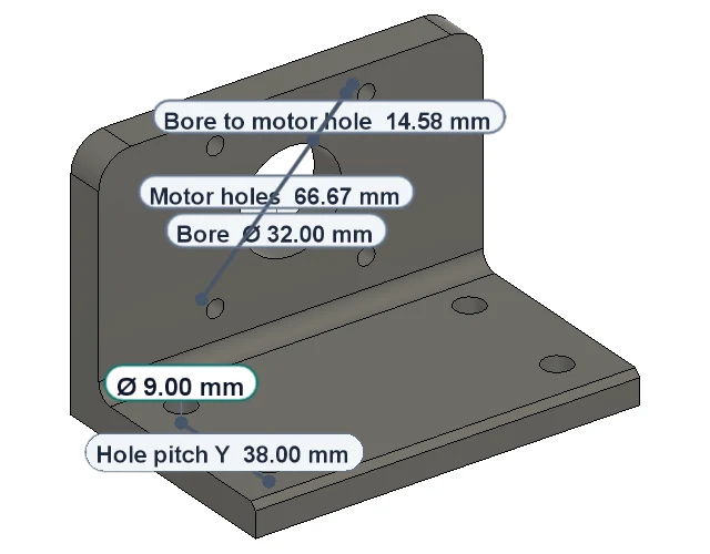 A motor bracket in Fusion with five Caliper values at once: a base hole Ø 9.00 mm measured now in teal, and the saved Motor holes 66.67 mm, Bore to motor hole 14.58 mm, Bore Ø 32.00 mm and Hole pitch Y 38.00 mm in grey, none covering another