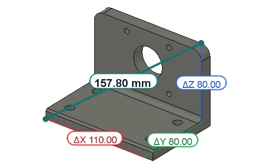 Caliper in Fusion: 157.80 mm corner to corner across a motor bracket with its X 110.00, Y 80.00 and Z 80.00 parts in red, green and blue