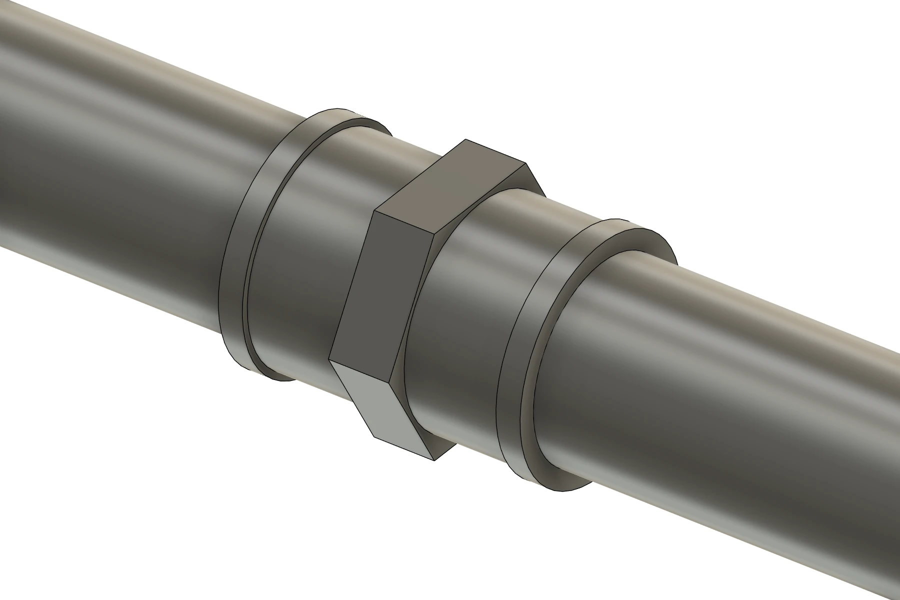 GF 8270 BSP coupling with a central hex band joining two metal pipes in Autodesk Fusion