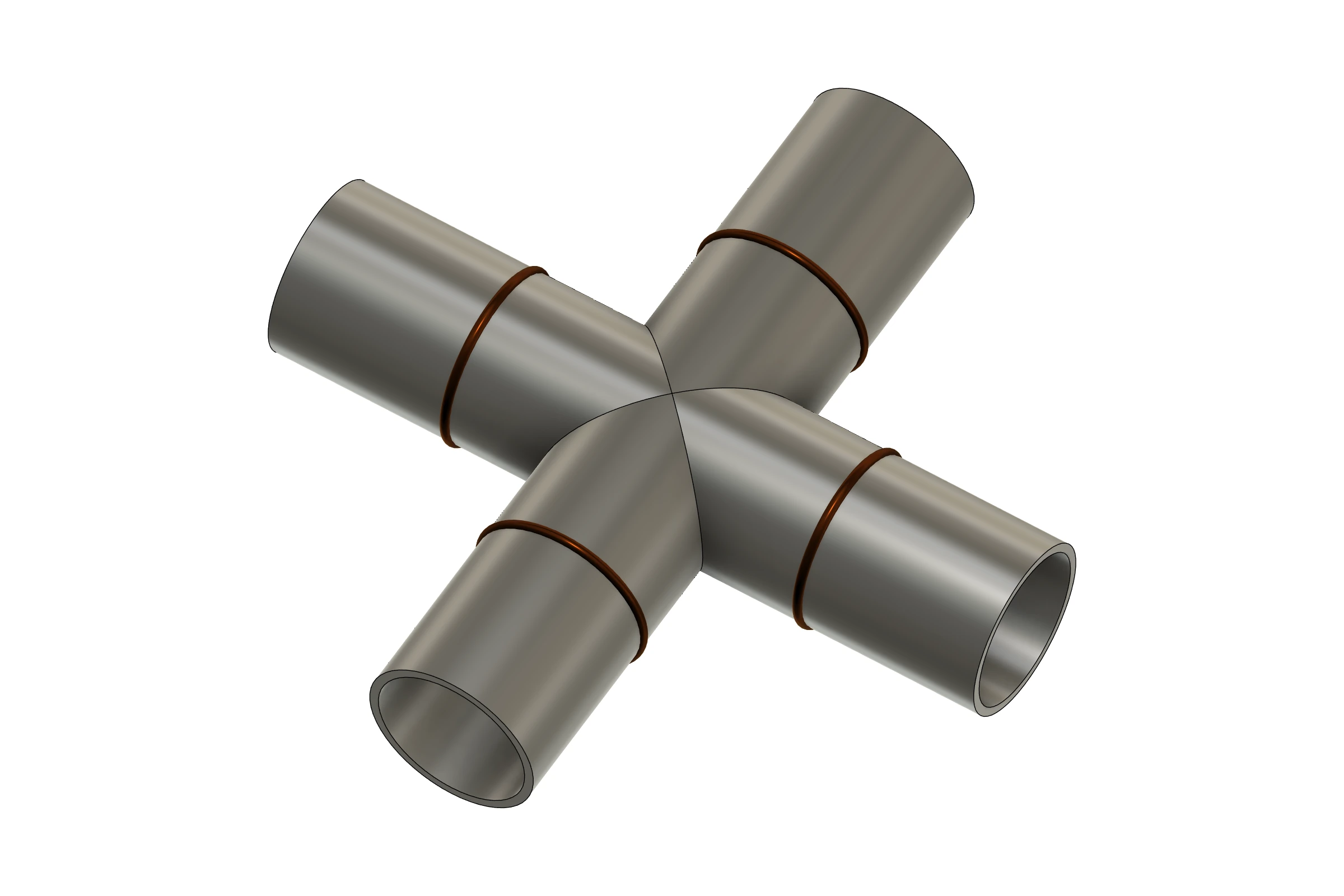 Four-way cross pipe fitting with visible hollow ports