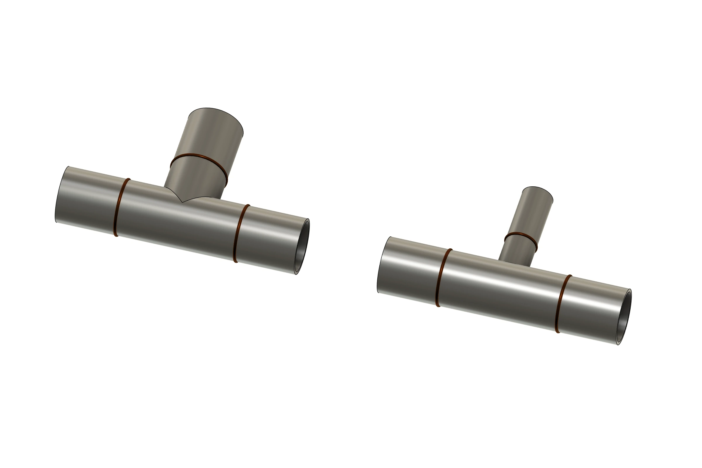 Equal tee and reducing tee fittings modeled by Tube & Pipe Routing in Fusion