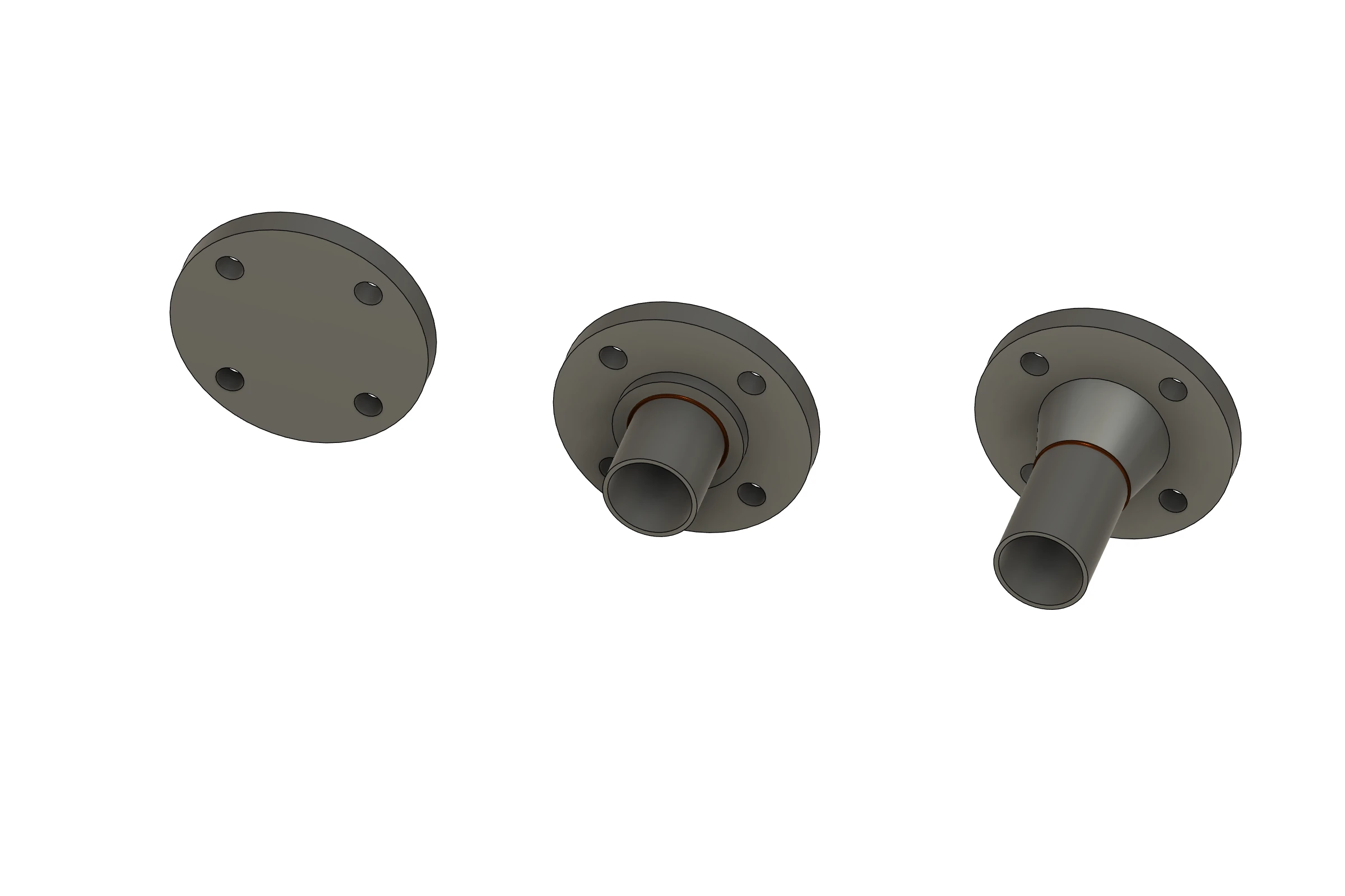 Blind, slip-on and weld-neck flange fittings shown from left to right