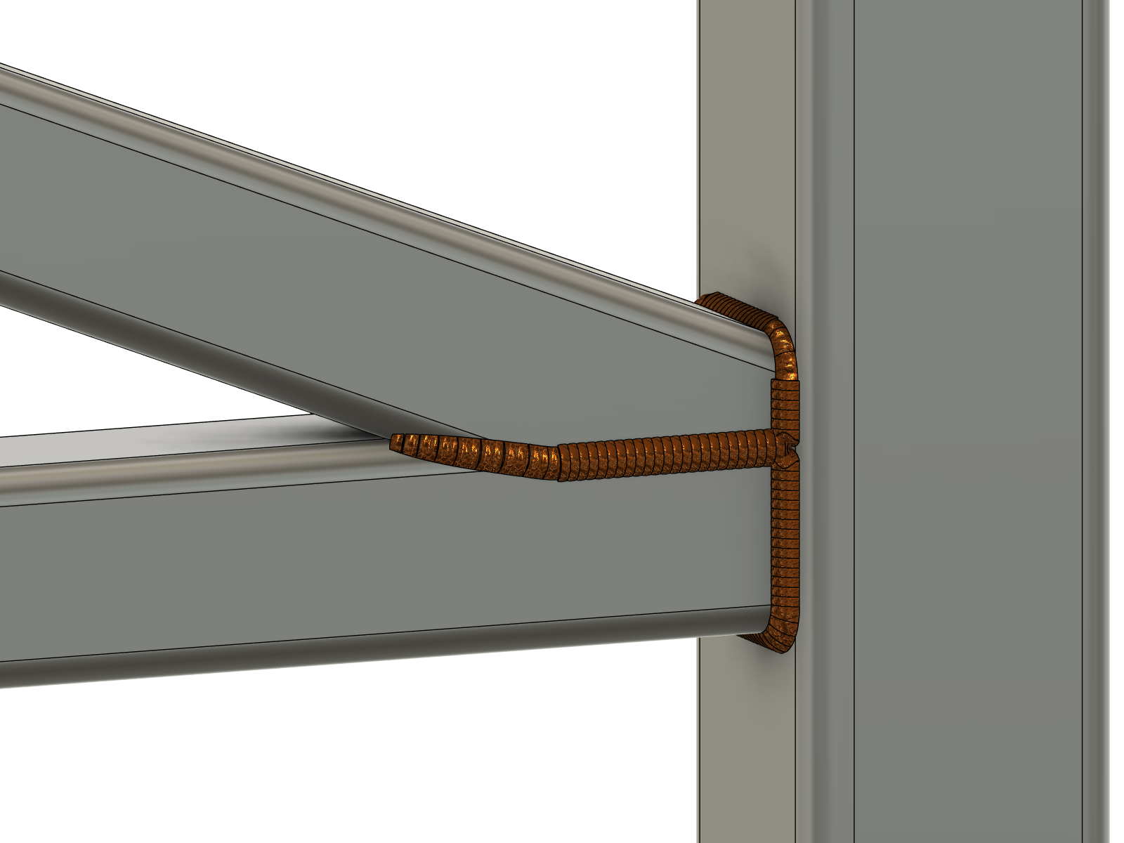 Connected Rippled Textured weld along an angled brace-to-rail seam and around its return at the upright