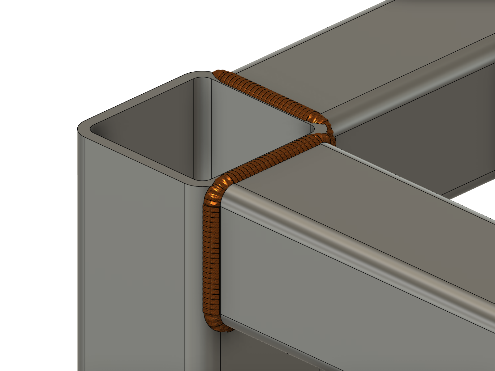 Textured Rippled fillet beads connecting straight runs around rounded hollow-section corners in Fusion