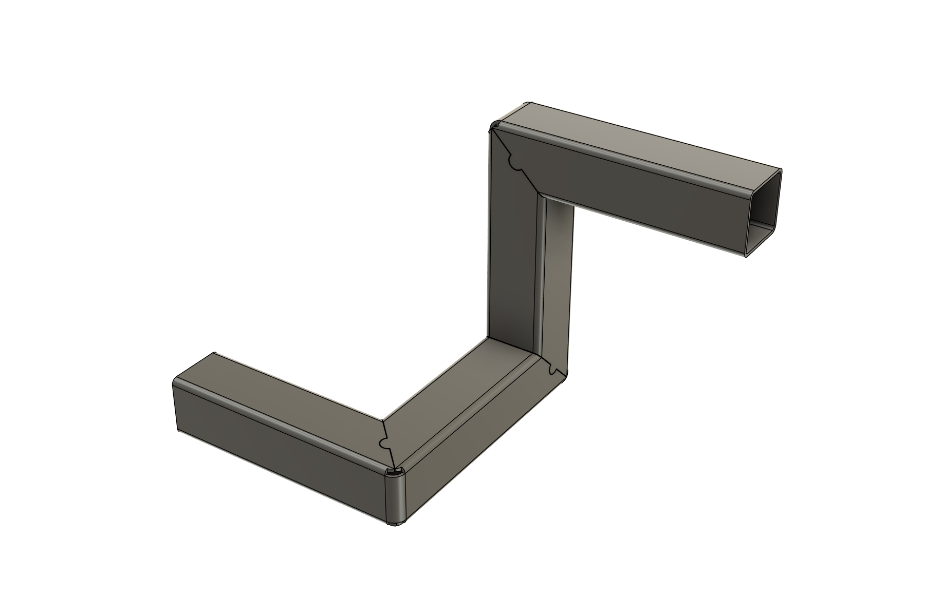 One square tube folded at three corners in different planes, with tab and slot seams, in Autodesk Fusion