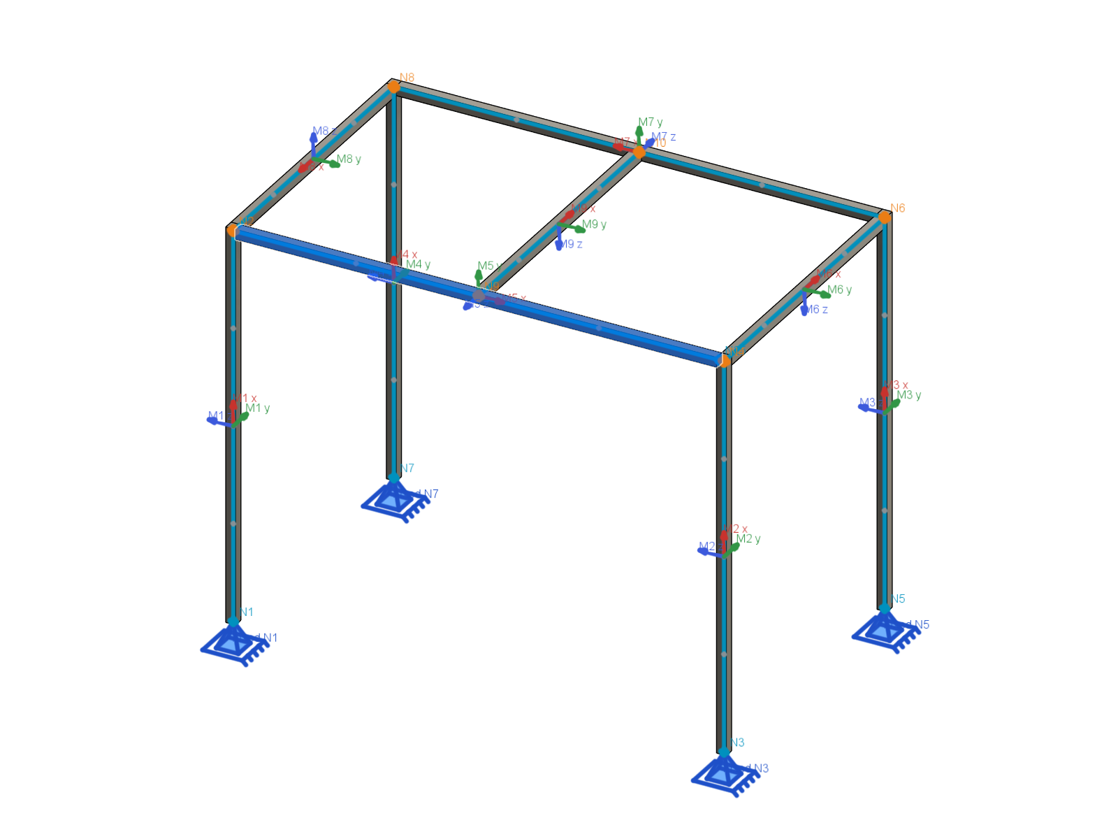 Frame Check showing cyan axes, orange shared nodes, grey subdivision nodes and local section axes through the Fusion model