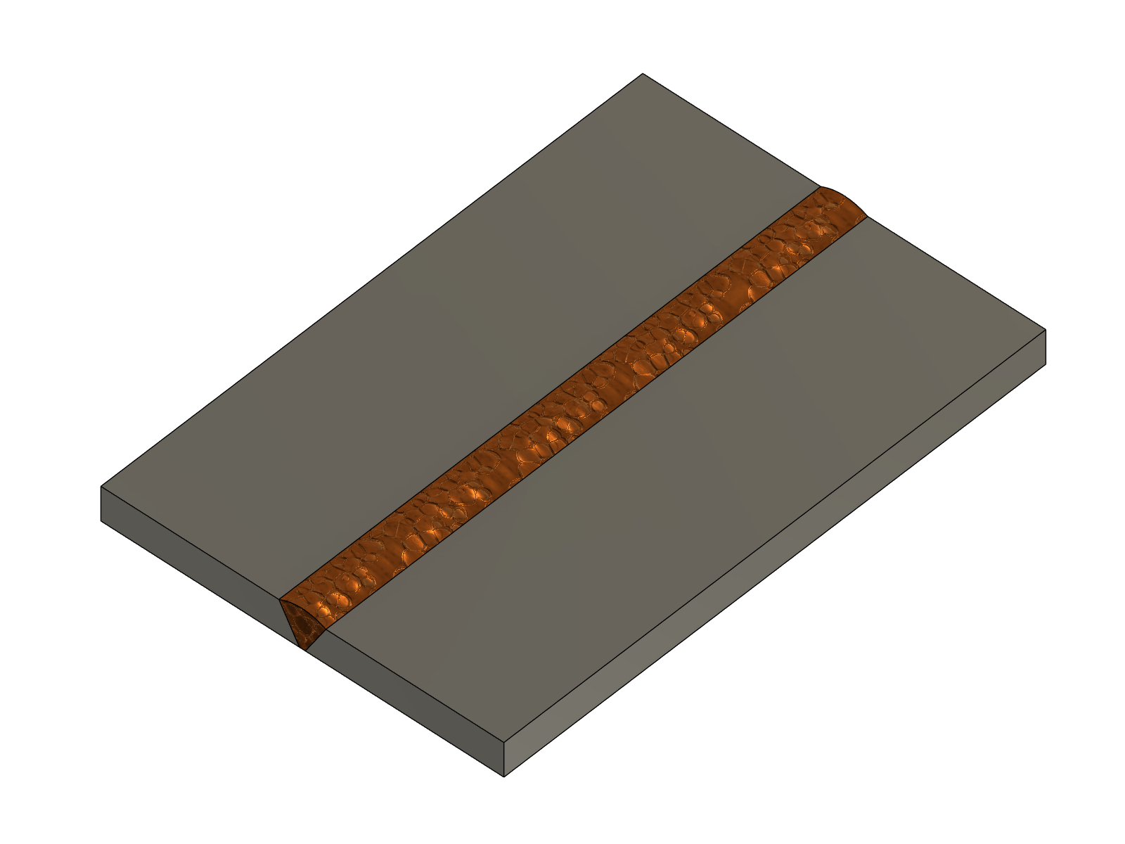 Straight prepared V-groove between plates filled with a Textured Rippled bead and visible end section