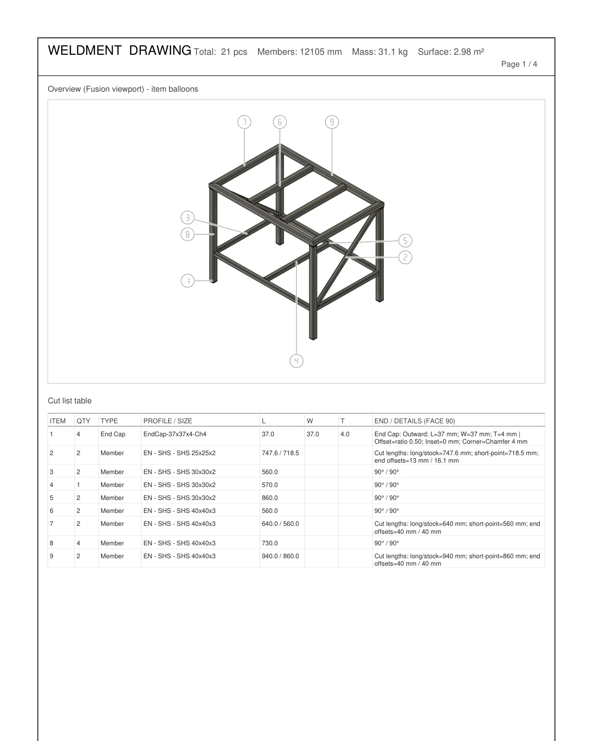 Weldment drawing PDF with the frame overview, item balloons and the cut list table