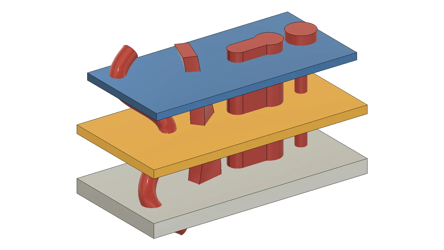 Four red cutter bodies, a pipe bent in an S, a twisted rectangular duct, a keyhole passage and a stepped bore, passing through a blue cover plate, a yellow spacer and an aluminium base, shown pulled apart