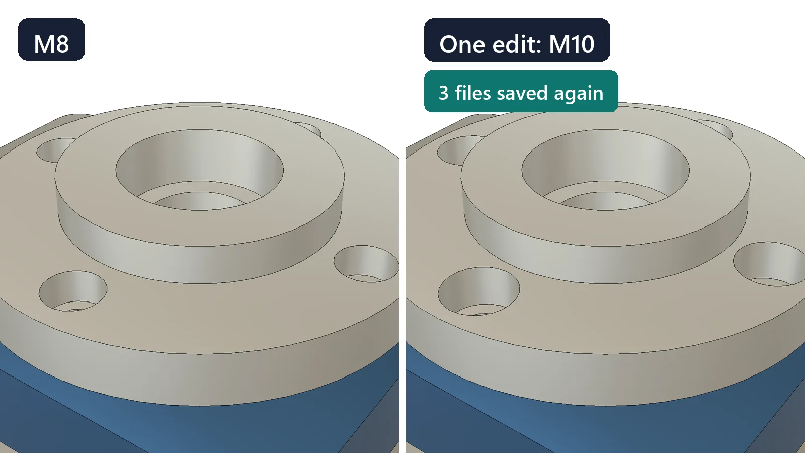 The bearing cover with its M8 counterbores, and the same view after one edit to M10, with larger counterbores; three files saved again
