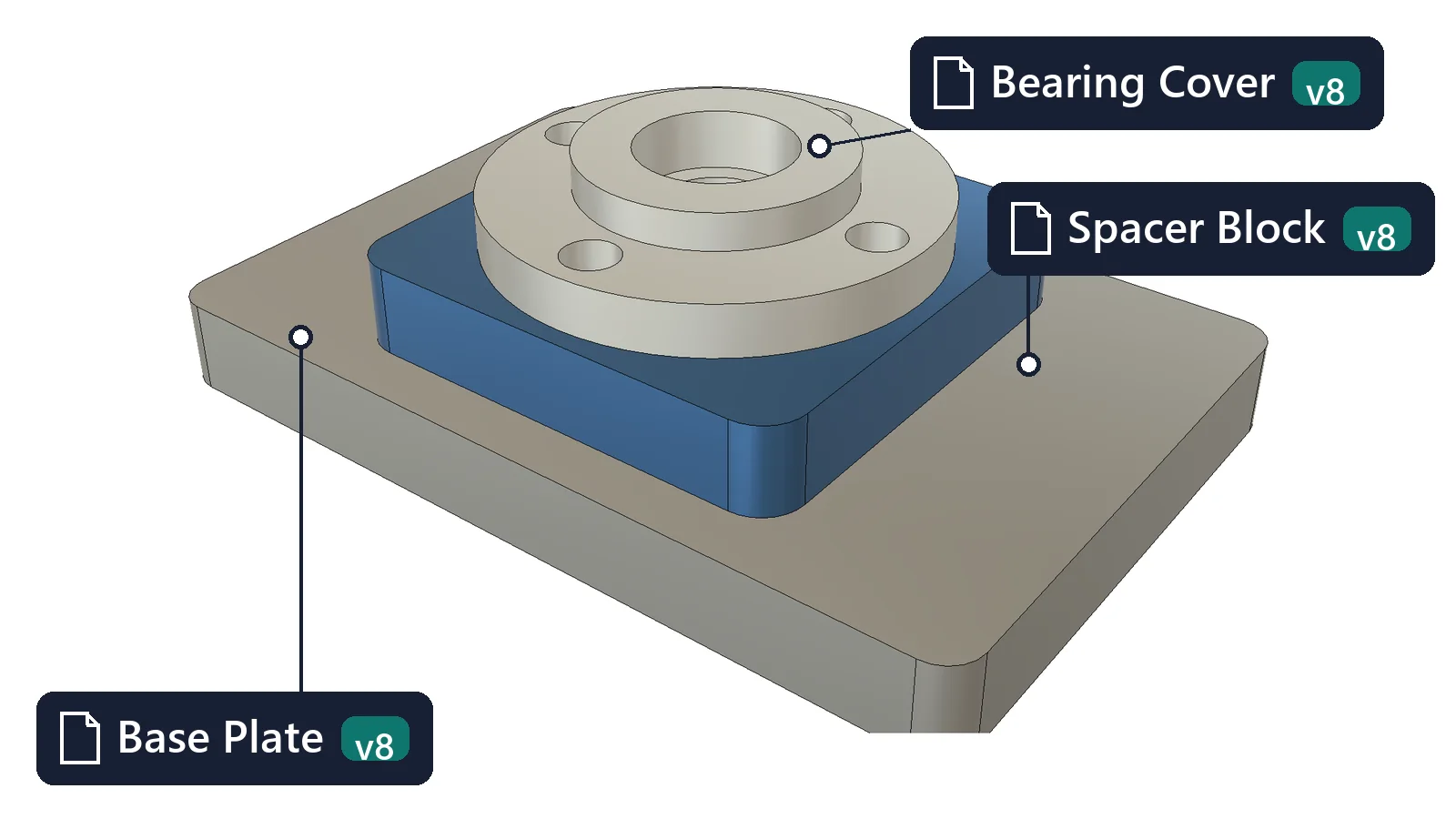 A bearing cover with four counterbored holes on a spacer block and a base plate, each tagged as its own Fusion file, saved as version 8 by Assembly Hole Series