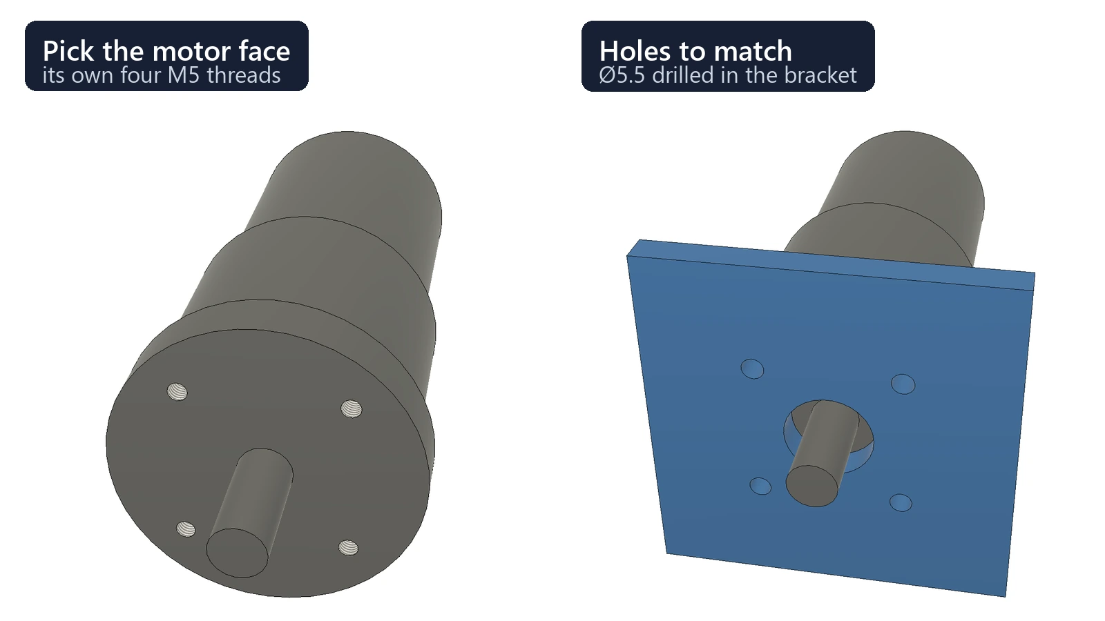 The flange face of a gear motor with its own four M5 threads, and from the same view the bracket in front of it, drilled by Hole Series with four 5.5 mm clearance holes in line with them