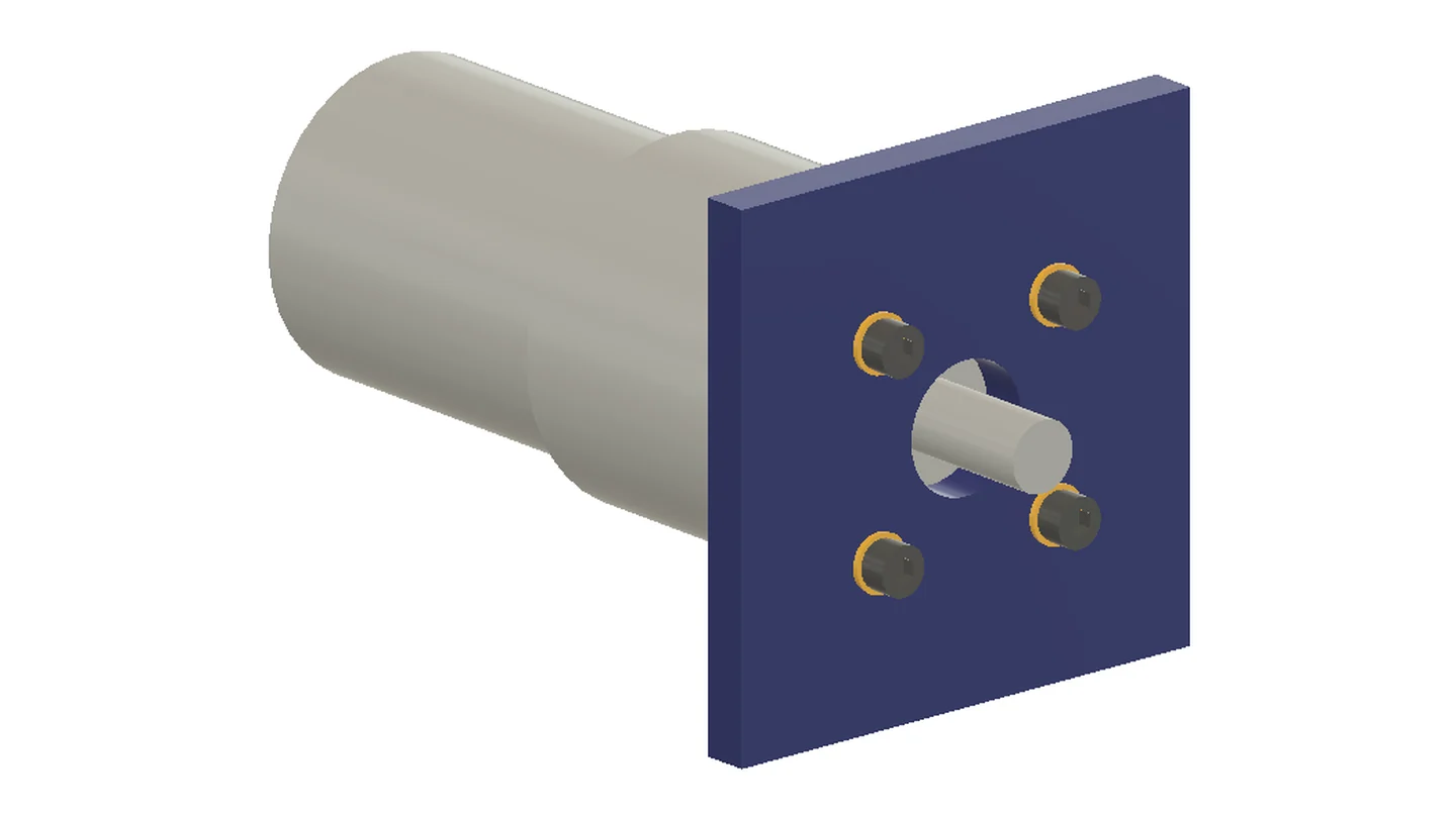 Blue motor bracket with four M5 socket screws and washers holding the gear motor