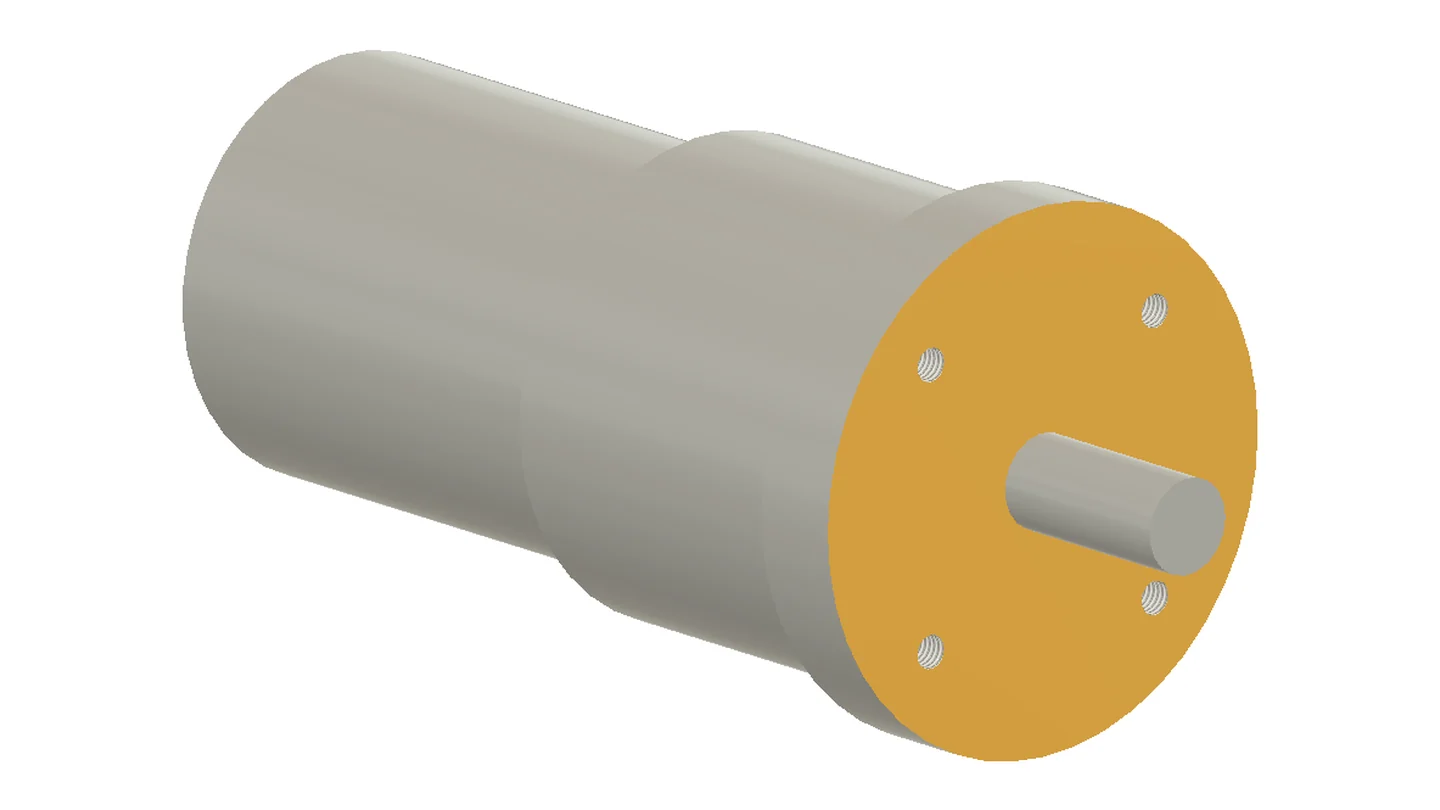 Gear motor with four M5 threaded holes in its flange; the flange face is highlighted in yellow