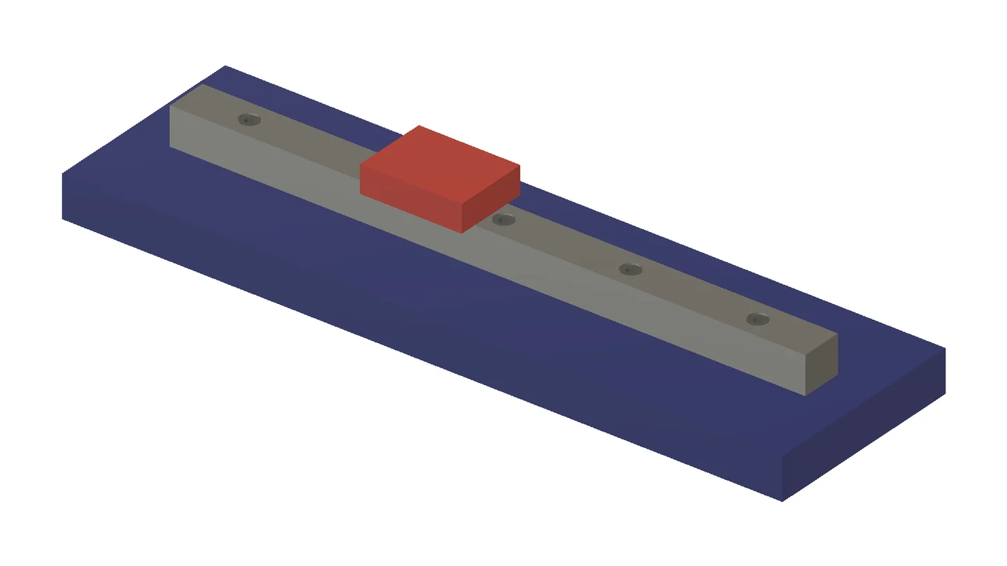 Linear rail with a red carriage on a blue machine base, held by M5 socket screws in the rail's counterbored holes