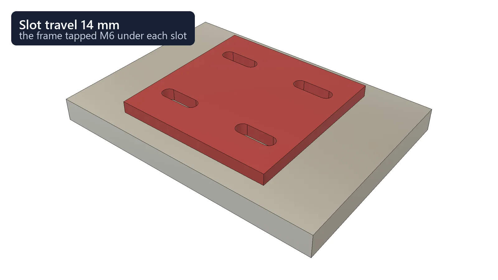 Red motor plate with four slots for 14 mm of travel on an aluminium frame, the frame tapped M6 under each slot