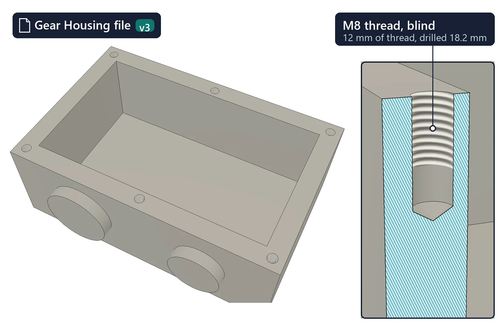 The Gear Housing part file opened on its own after Replace hole centers: six tapped holes around its opening, and a section through one showing the blind M8 thread, 12 mm of thread drilled 18.2 mm