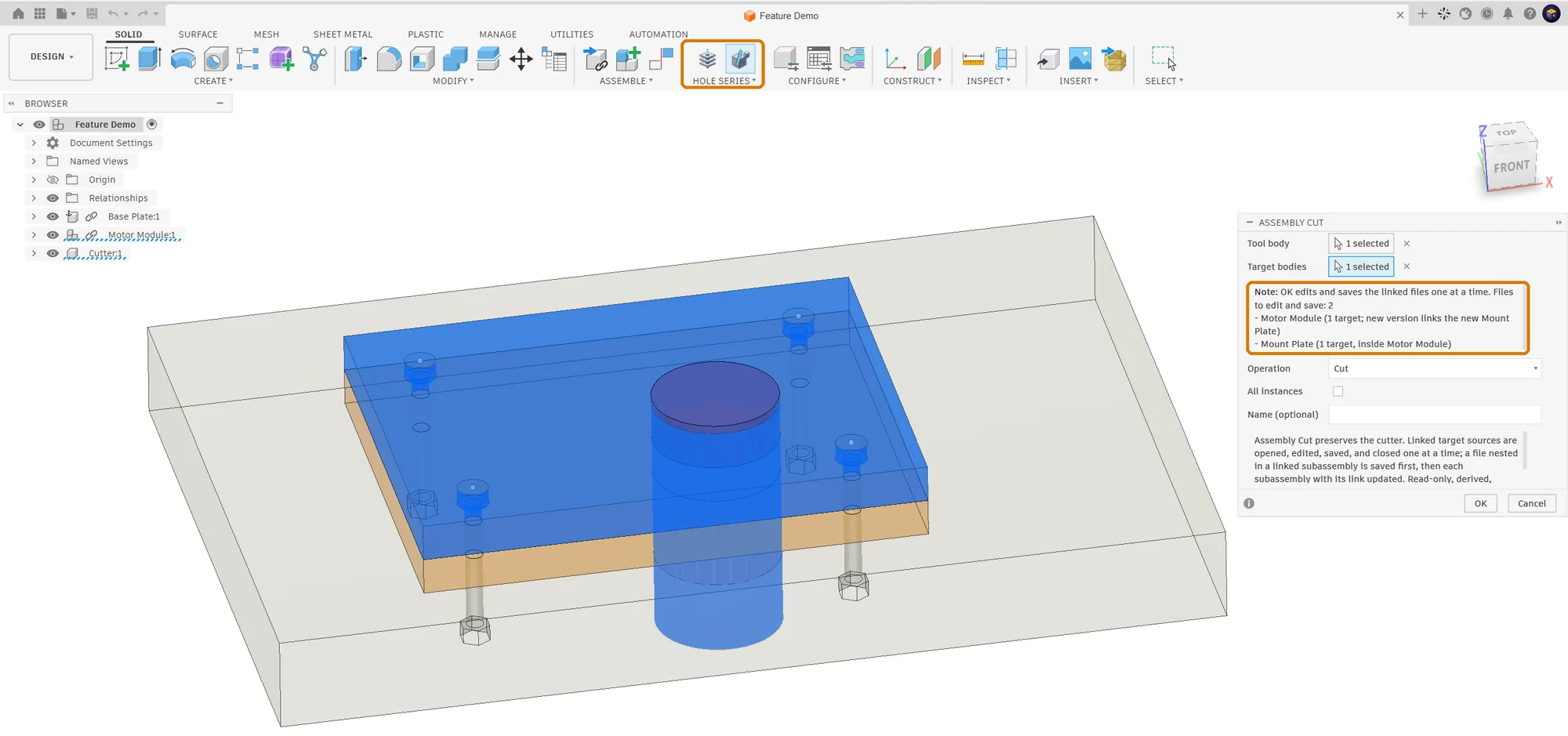 The Assembly Cut dialog in Fusion with a red cylinder picked as the tool body and a linked plate as the target: its note, framed in orange, lists the files OK edits and saves, Motor Module and the Mount Plate inside it