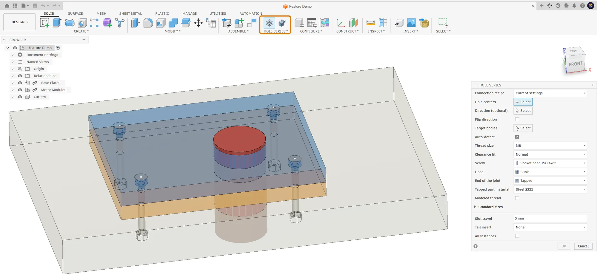 Autodesk Fusion with the Hole Series dialog open beside an assembly of linked part files: the Hole Series panel on the Solid tab framed in orange, and the dialog with Hole centers, Target bodies with Auto-detect, Thread size M8, Clearance fit Normal, Screw Socket head ISO 4762, Head Sunk, End of the joint Tapped and Tapped part material Steel S235