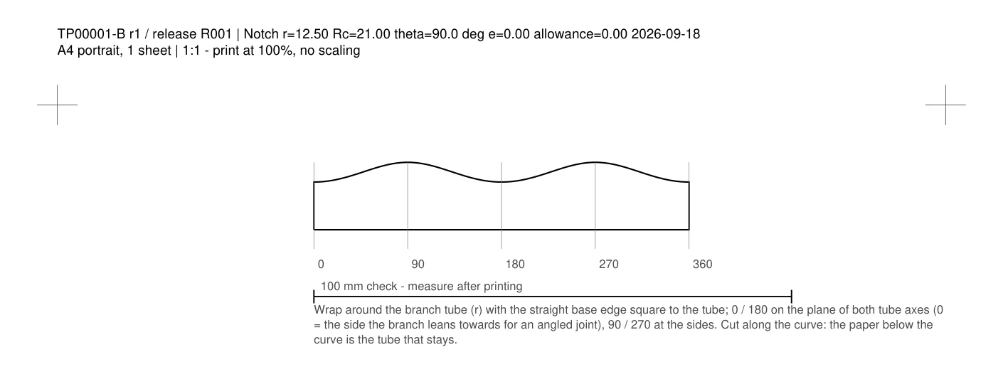 Actual End B notch PDF preview with the unrolled cut curve, angular marks and a 100 mm print check bar