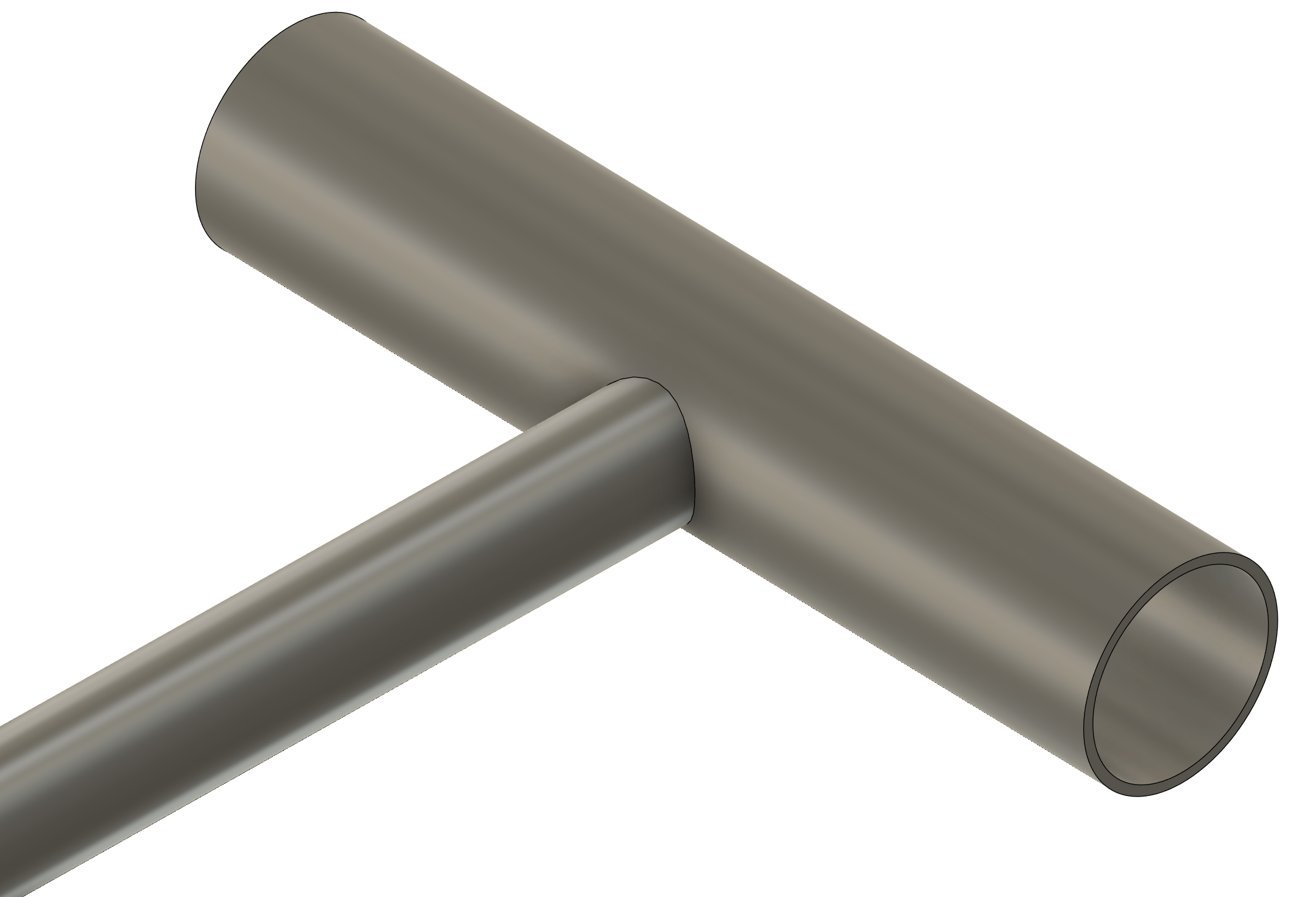 A 25 by 2 mm branch tube with a fishmouth cut fitting a 42 by 2 mm main tube at 90 degrees