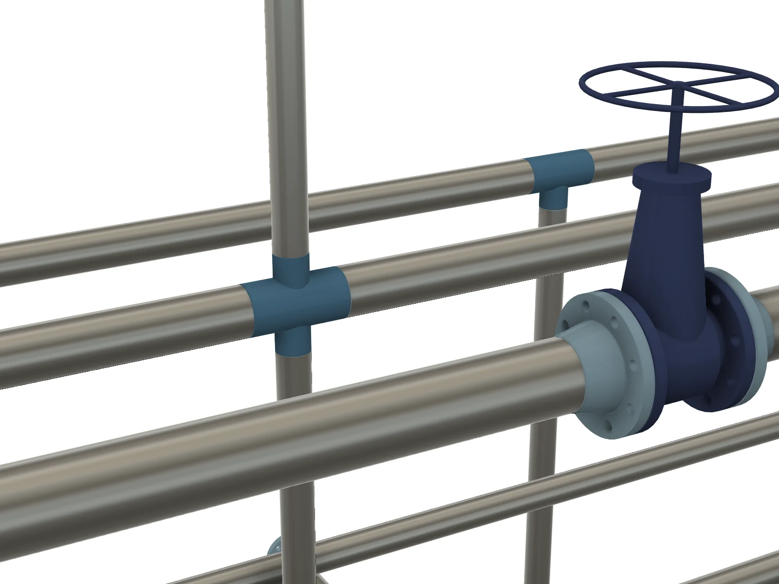 Reducing cross on a DN80 header with branches up and down, beside a DN100 gate valve between mating flanges