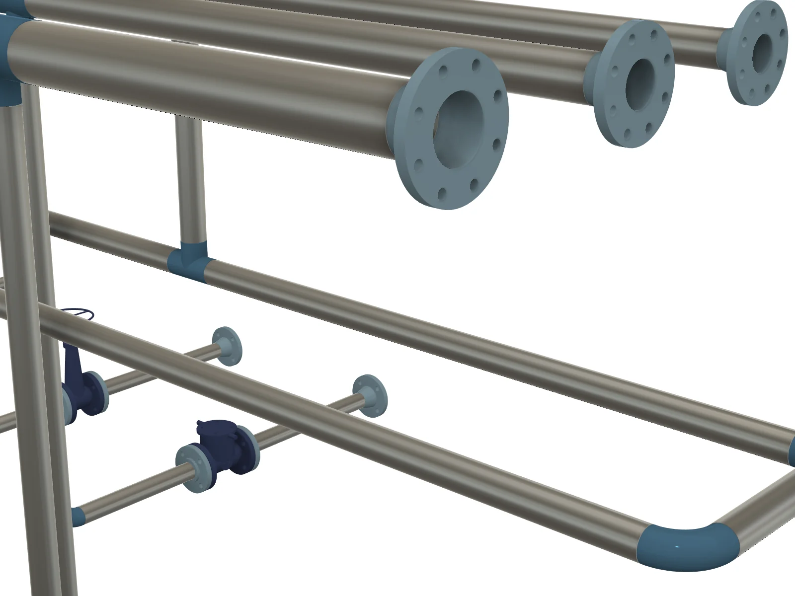 Weld-neck flanges at the header ends, a DN50 loop turned by long-radius elbows and drops with their valves