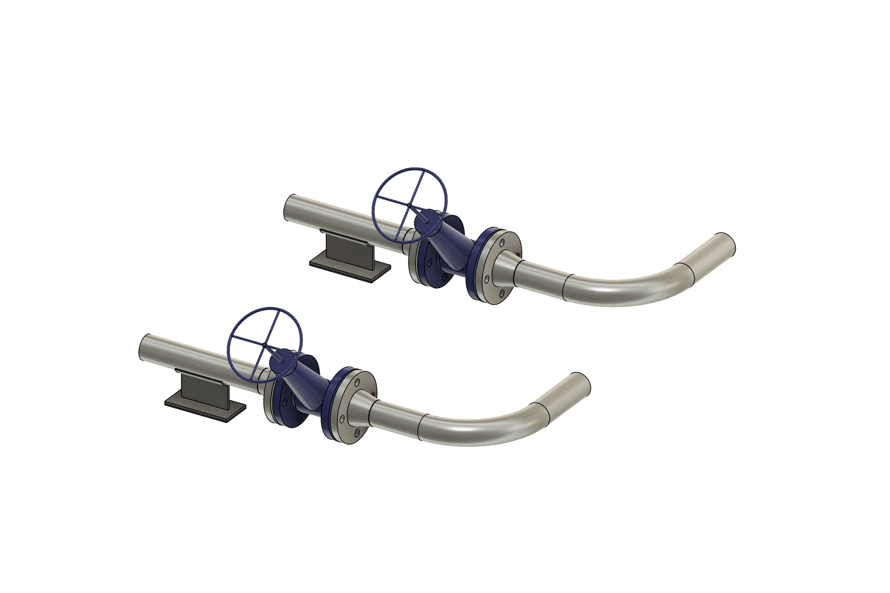 After Edit: the same two pipe runs with 180 mm bend radius and 45 degree valve rotation, retaining their placements and supports