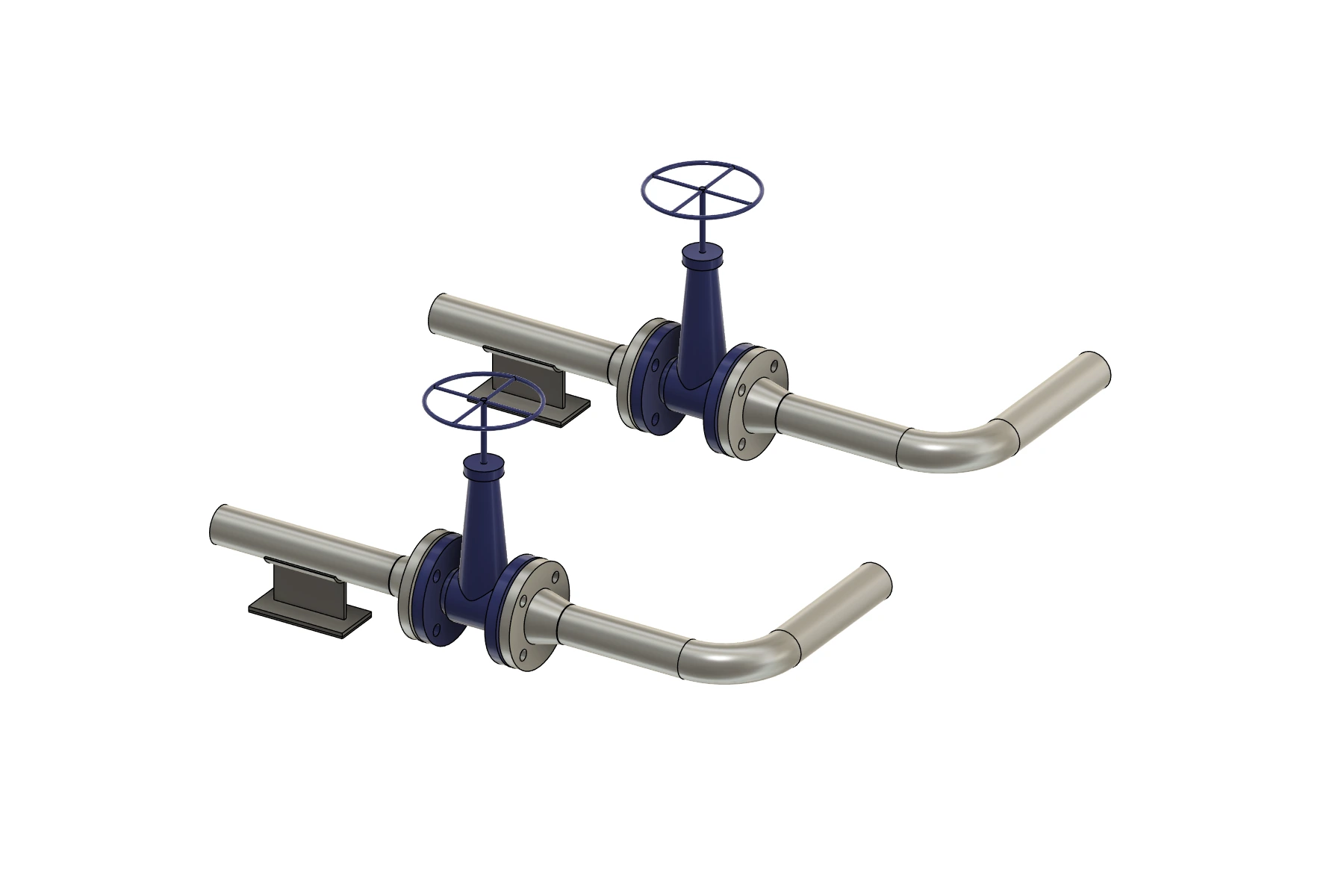 Before Edit: two placed pipe runs with 100 mm bend radius, upright gate valves and two pipe shoes