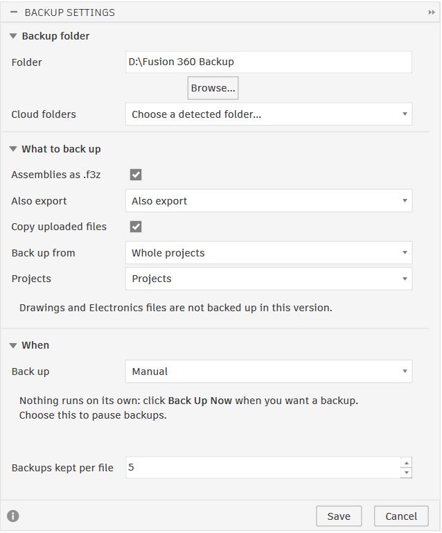 Backup Settings dialog in Fusion: backup folder, cloud folders, what to back up, when backups run and backups kept per file
