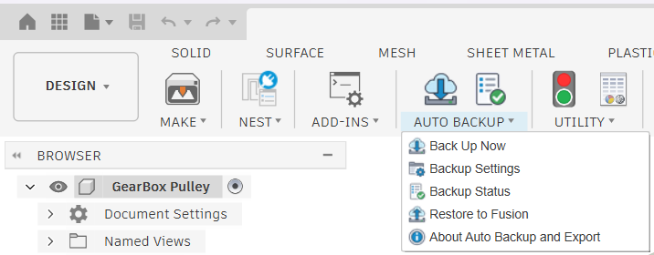 The Auto Backup panel on the Utilities tab of Fusion, open on its five commands: Back Up Now, Backup Settings, Backup Status, Restore to Fusion and About