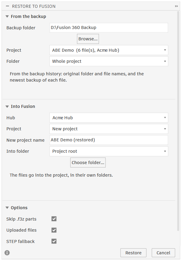 Restore to Fusion dialog: the backup folder, project and folder to restore, the target hub, project and folder, and options