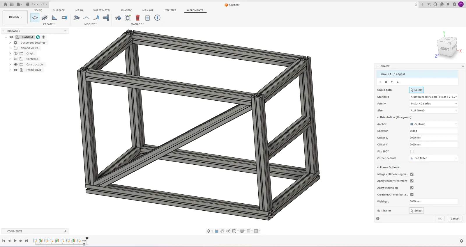 Aluminium T-slot extrusion frame built with the add-in